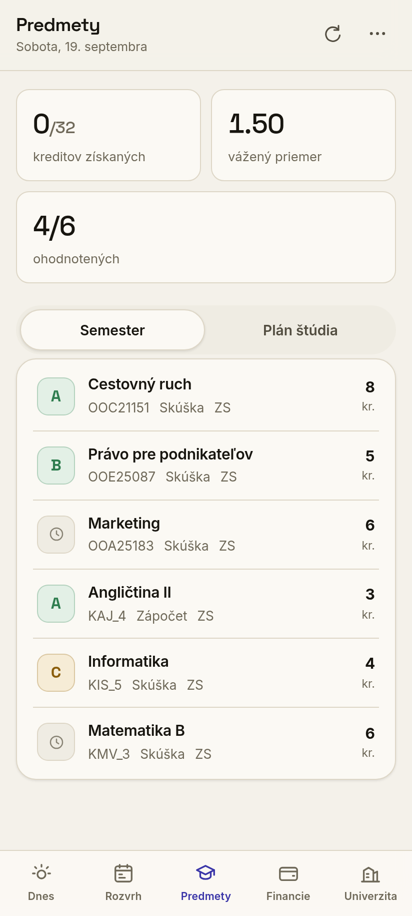 Predmety, kredity a známky
