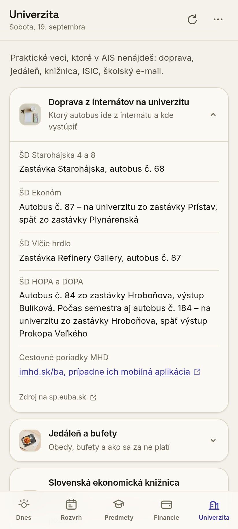 Univerzita: doprava, jedálne, knižnica, ISIC