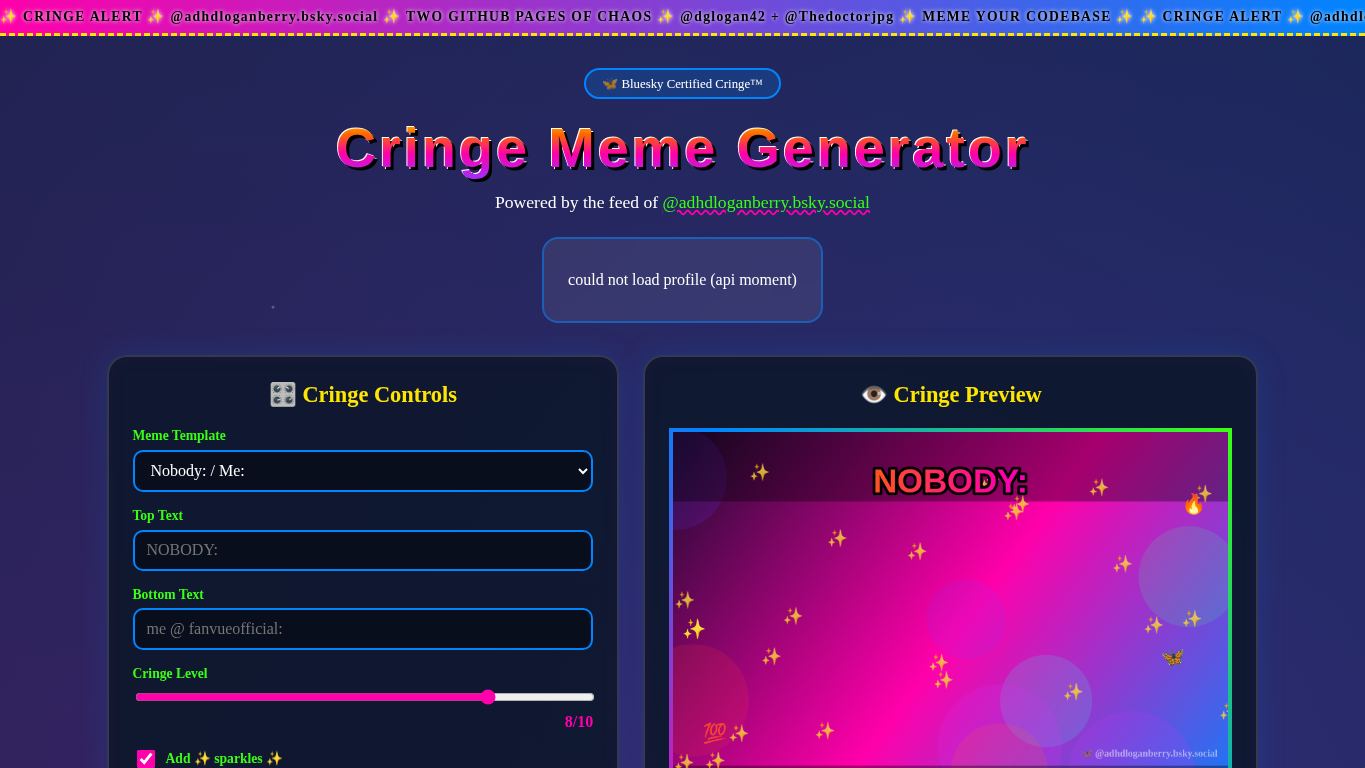 Cringe Memes Bluesky desktop preview captured by PWAs.app