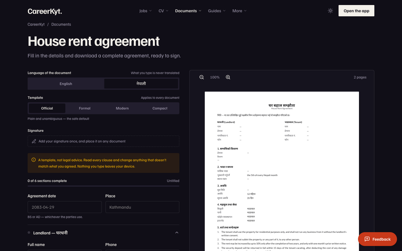 Filling in a rent agreement, ready to print