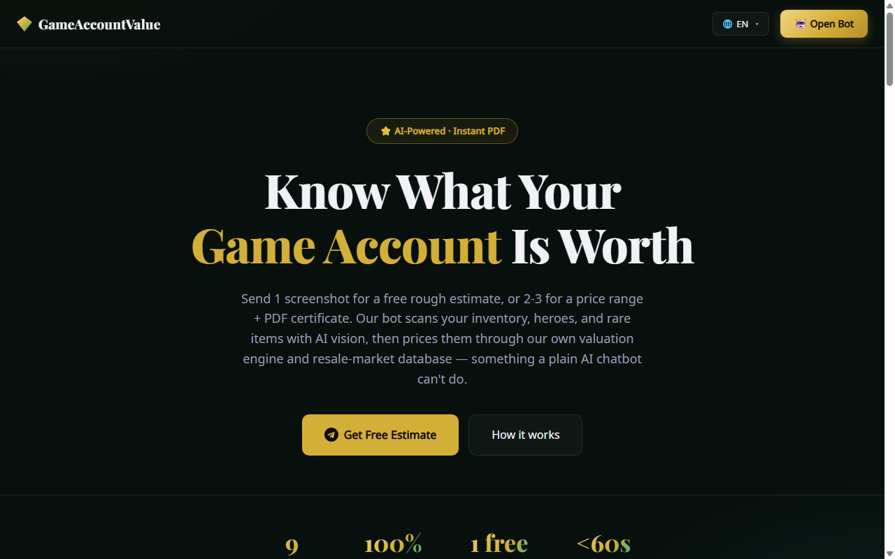 GameAccountValue landing page on desktop