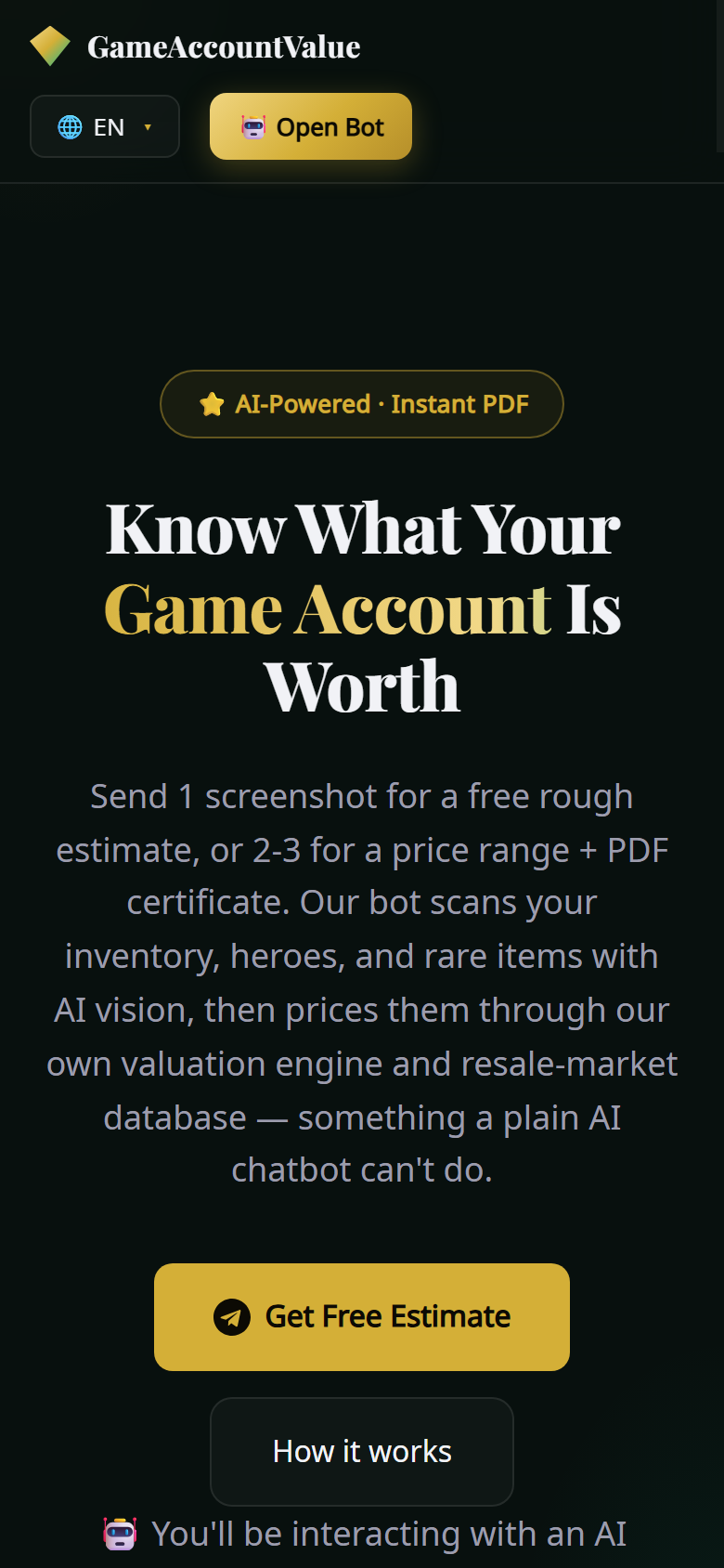 GameAccountValue landing page on mobile