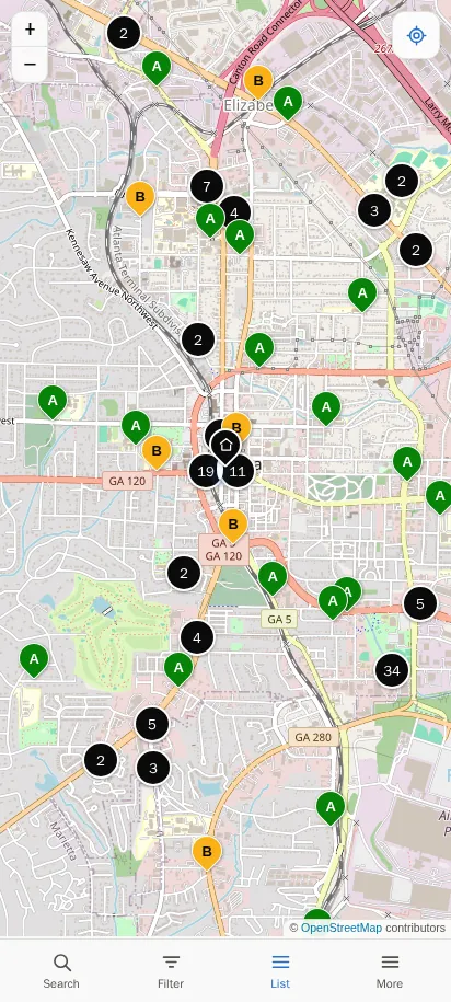The same rows on a map, clustered where they crowd