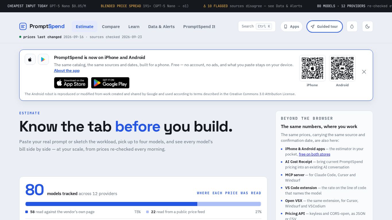 PromptSpend — LLM cost estimator desktop preview captured by PWAs.app