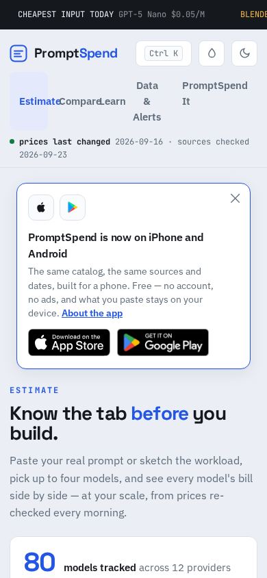 PromptSpend — LLM cost estimator mobile preview captured by PWAs.app