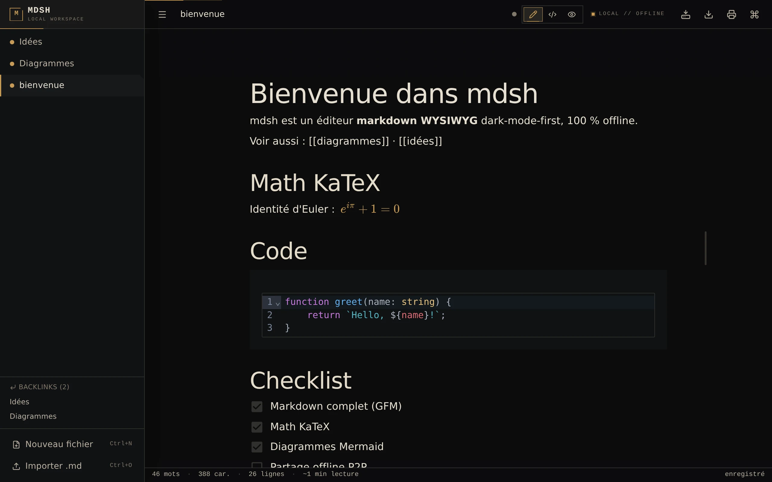 WYSIWYG editing mode with math, code and a populated sidebar