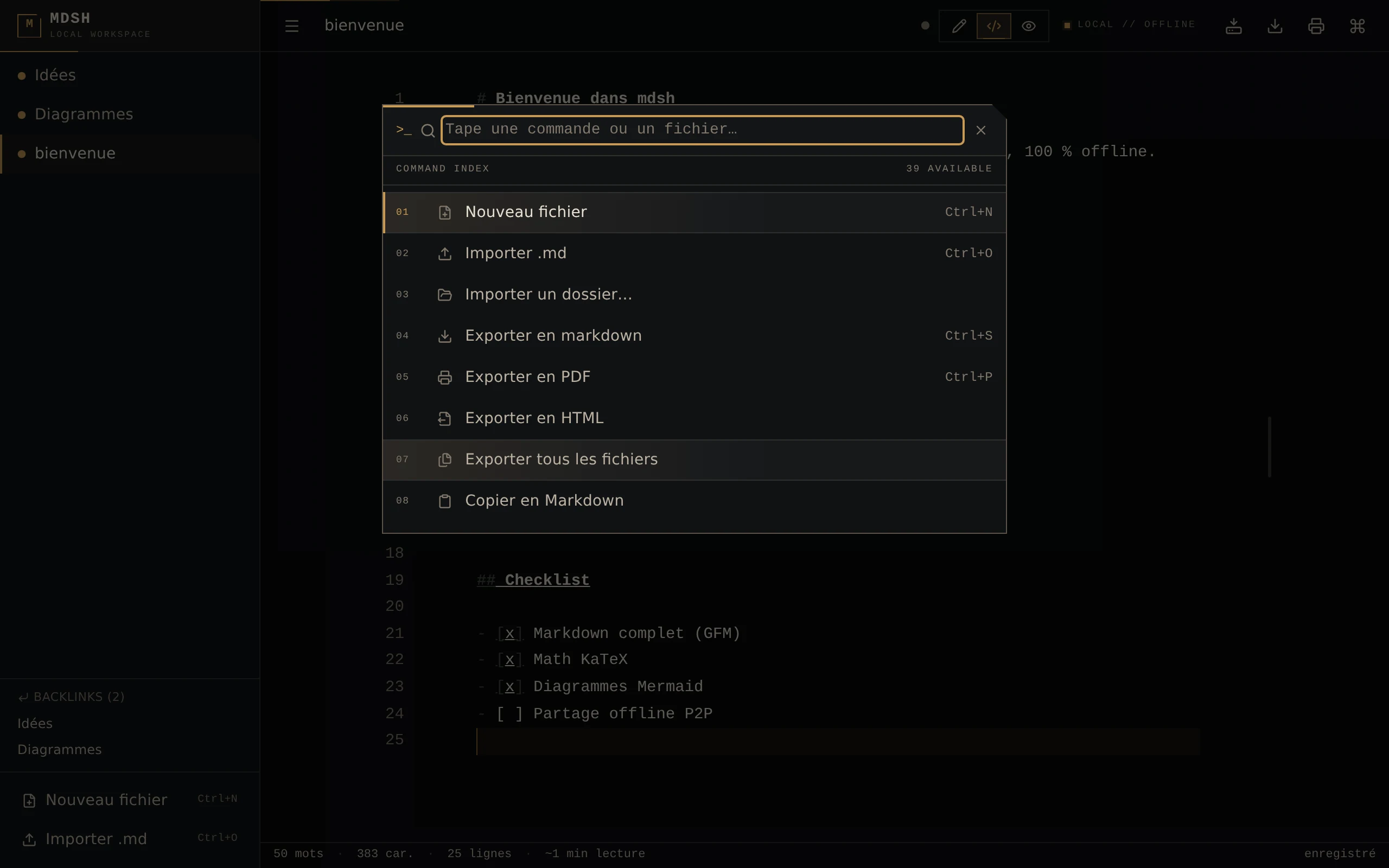 Command palette with keyboard shortcuts