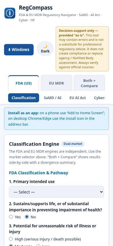 RegCompass — FDA & EU MDR Regulatory Navigator mobile preview captured by PWAs.app