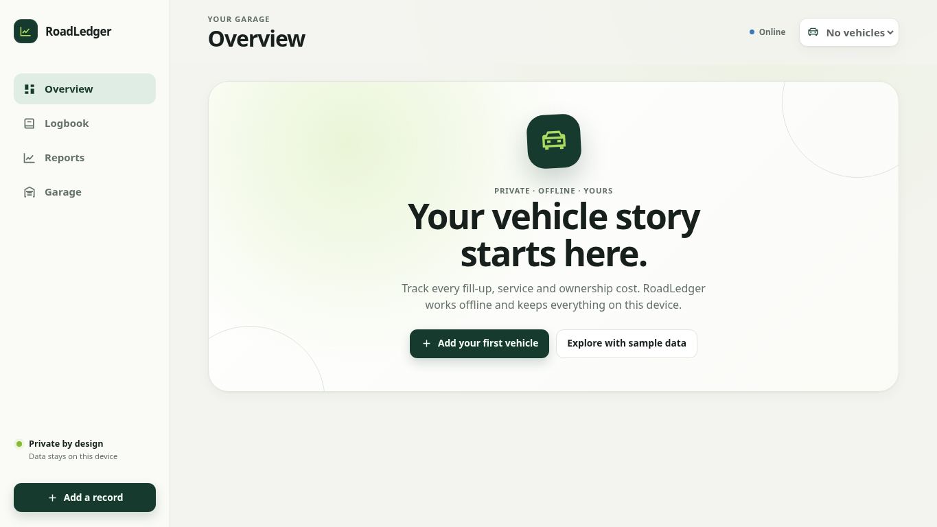 RoadLedger — Vehicle Logbook desktop preview captured by PWAs.app