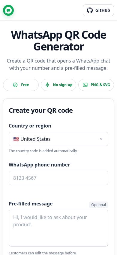 WhatsApp QR Code Generator mobile preview captured by PWAs.app